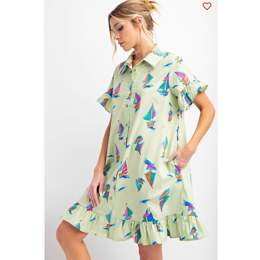 Easel - Sailboat Print Ruffle Shirt Dress - Medium - Picture 4 of 5